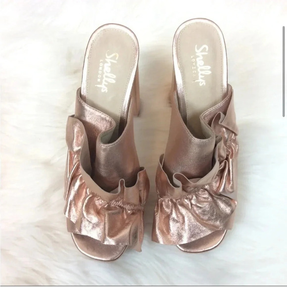SHELLEYS LONDON DELPHINE RUFFLE CHUNK PLATFORM OPEN TOE ROSE GOLD MULES 7.5 - Picture 7 of 16